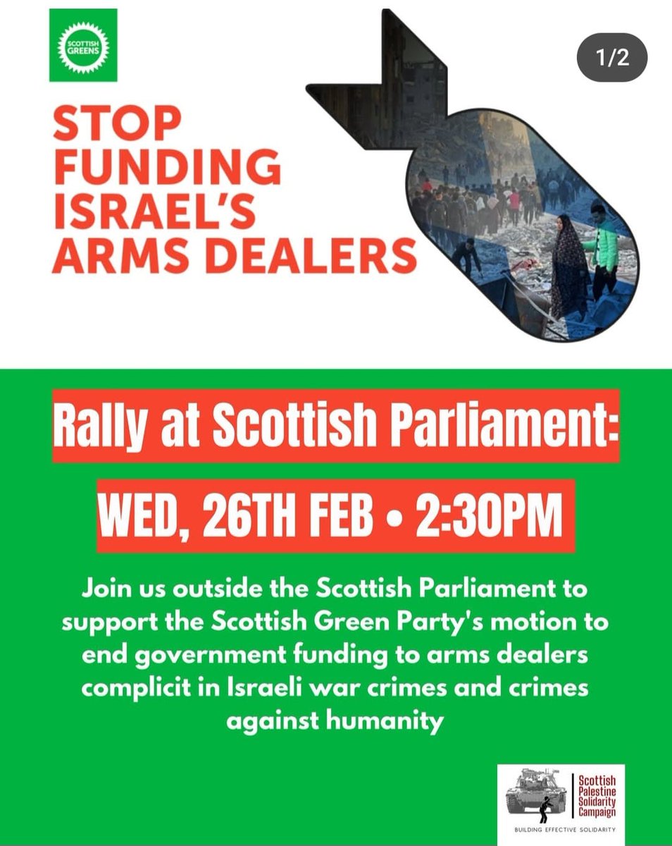 scottishpsc's tweet image. Edinburgh
Wednesday 26th February 2.30pm
Join us outside the Scottish Parliament to demand an end to government funding for arms dealers complicit in Israeli war crimes and crimes against humanity.