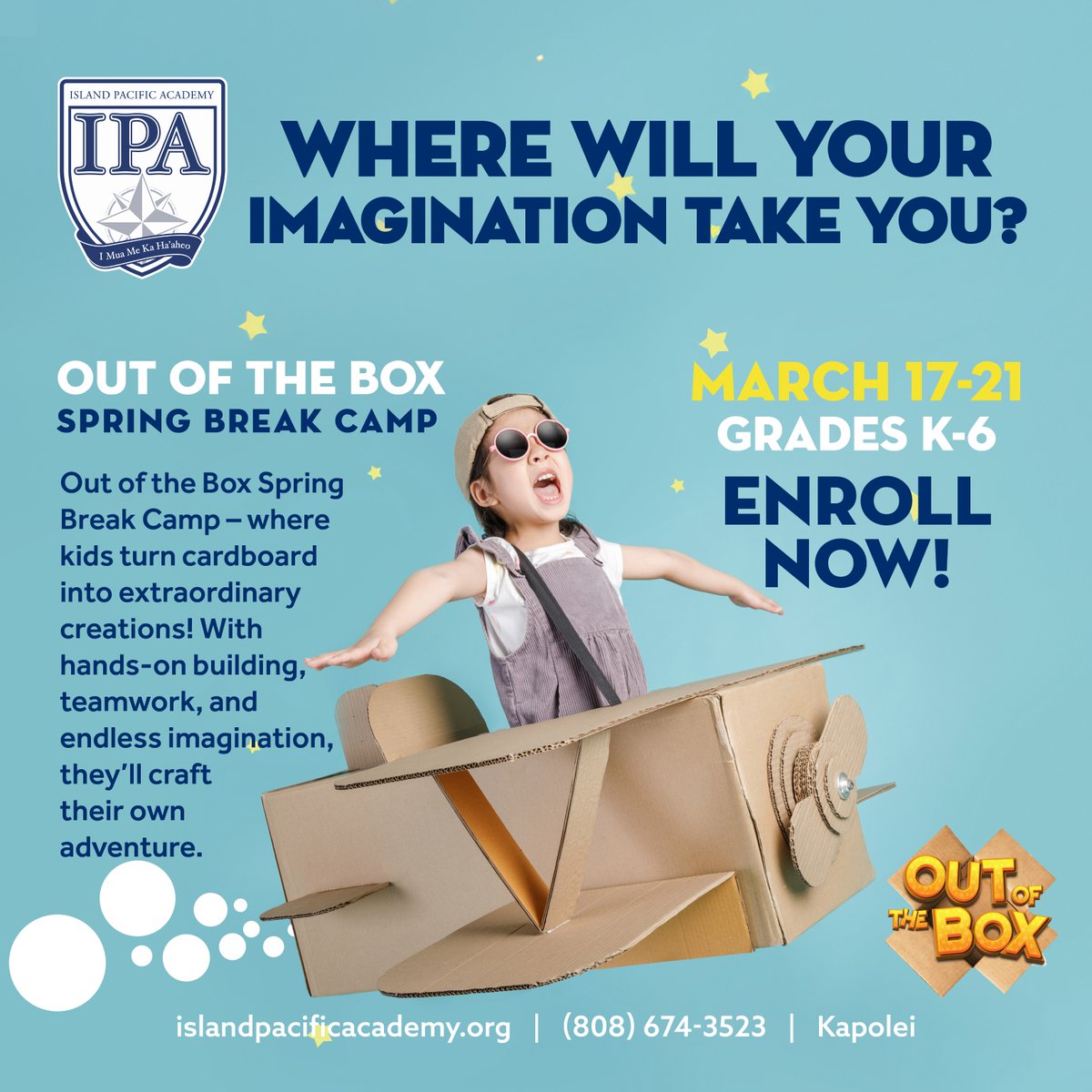 Out of the Box Spring Break Camp at IPA – where creativity knows no limits! Kids in Grades K-6 will transform cardboard into incredible creations using imagination &amp; hands-on building to bring their ideas to life. 

Register by Mar 7! 

ipaauxiliary.campbrainregistration.com