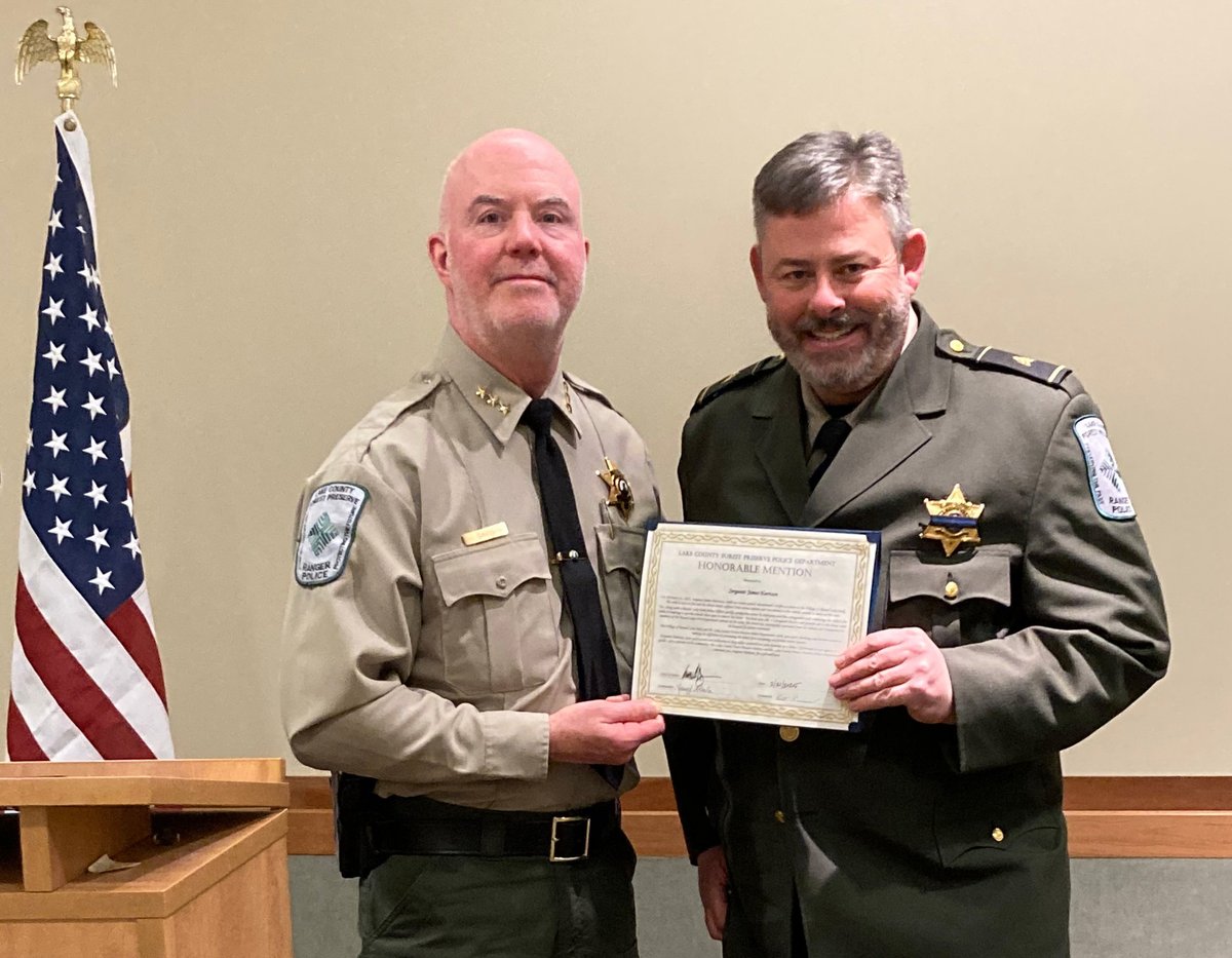 Shoutout to our Ranger Sgt. James Harrison (right) &amp; Round Lake Park Officer Brittany Fears (not pictured) 🚓. While on patrol they rushed to a scene with a woman trapped inside a car on fire. They extinguished the fire and saved a life. ❤️ LCFPD.org/sergeant-honor…
