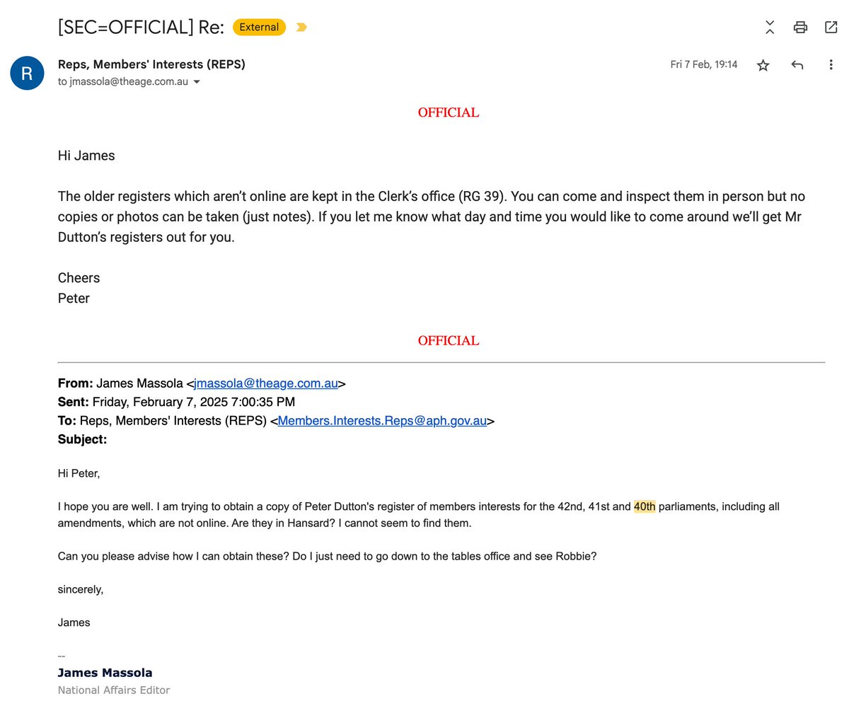 jamesmassola's tweet image. FWIW, my story on Peter Dutton&apos;s property portfolio was NOT information from a Labor &quot;dirt unit&quot;. December 23 was when I asked the Age&apos;s Library to start pulling ASIC company records (see below) and Feb 7 was when I contacted the Clerk&apos;s office to look at his register.