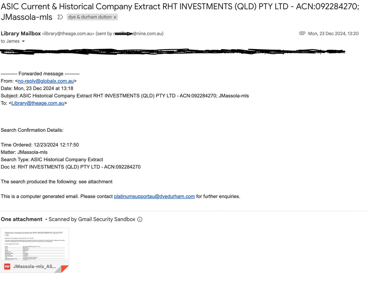 jamesmassola's tweet image. FWIW, my story on Peter Dutton&apos;s property portfolio was NOT information from a Labor &quot;dirt unit&quot;. December 23 was when I asked the Age&apos;s Library to start pulling ASIC company records (see below) and Feb 7 was when I contacted the Clerk&apos;s office to look at his register.