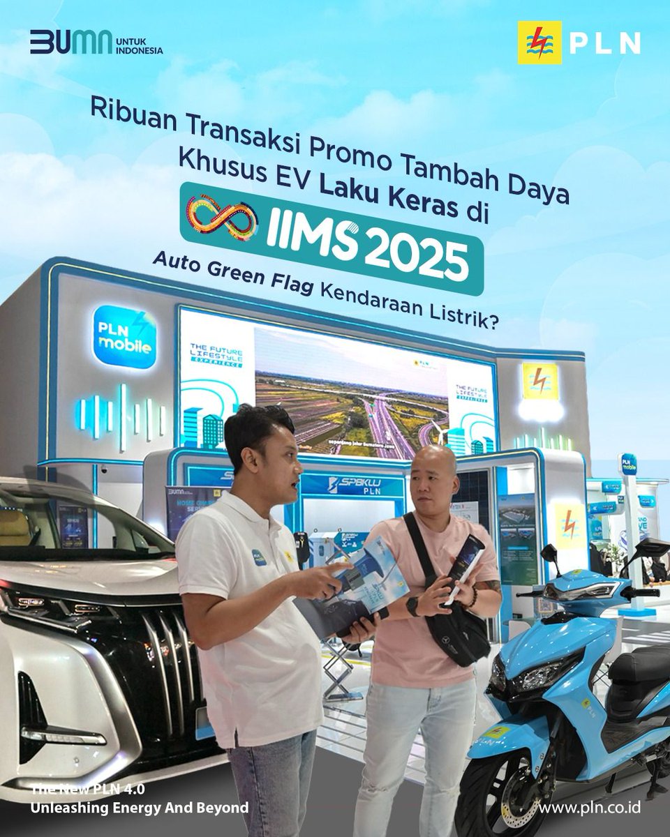 _pln_id's tweet photo. Electrizen, PLN mencatat rekor baru dalam mendukung ekosistem kendaraan listrik di Indonesia! Dalam gelaran IIMS 2025, PLN sukses mencatatkan 7.546 transaksi tiket melalui PLN Mobile dan ribuan permohonan tambah daya lewat promo Power Up EVent. 

#PLN https://t.co/10v04unbzl
