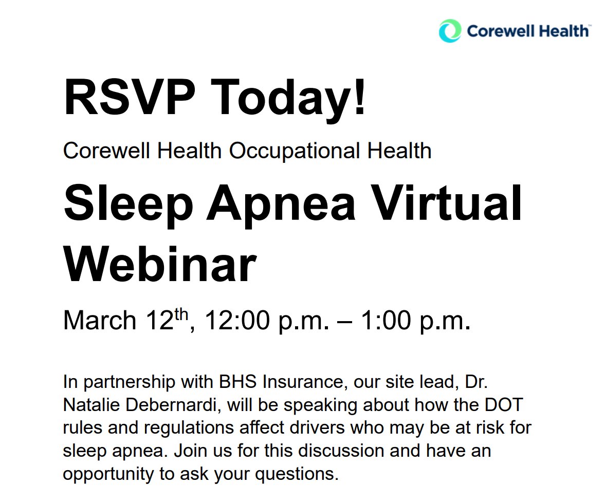 JOIN US as we partner with Corewell Health for Sleep Apnea Webinar on March 12th! 

RSVP by March 1st here: ow.ly/Pz0A50V6qkI
