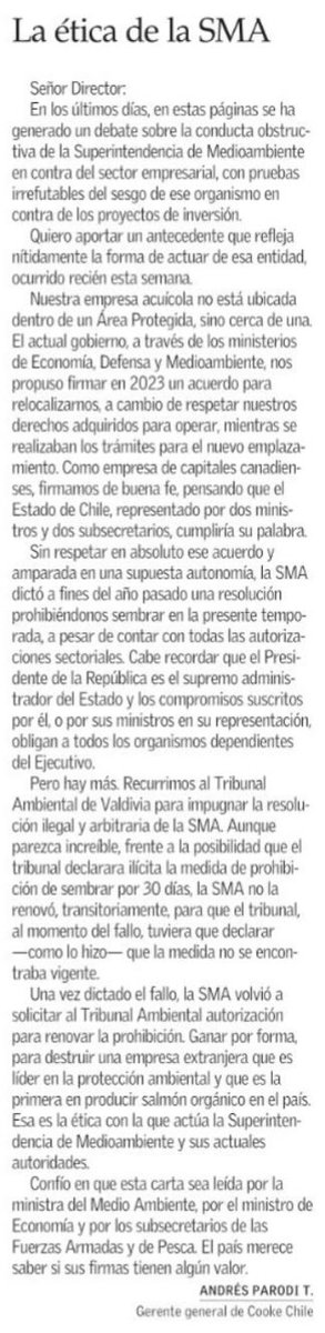 JPLM (@larrainjp) on Twitter photo En medio de la oscuridad de hoy miren esta carta que publica <a href="/ElMercurio/">El Mercurio</a> de mañana miércoles. Es impactante lo que dice el CEO de Cooke Chile. En medio de la oscuridad de hoy miren esta carta que publica <a href="/ElMercurio/">El Mercurio</a> de mañana miércoles. Es impactante lo que dice el CEO de Cooke Chile.