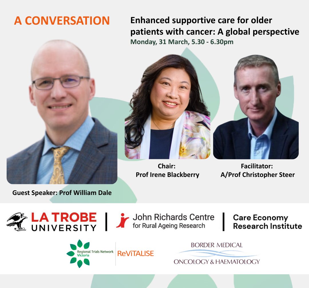 The Geriatric Oncology (GO) ReViTALISE initiative welcomes Professor William Dale for a conversation on improving care for older adults with cancer. 
Date: Monday 31 March
Time: 5.30-6.30pm via Zoom
Register: eventbrite.com/e/enhanced-sup…
More: regionaltrialsnetwork.org/enhanced-suppo…