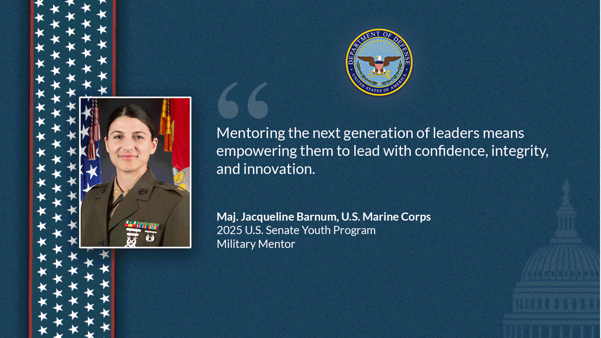 DoD_Outreach's tweet photo. Up next: @USMC Maj. Jacqueline Barnum.
As a 2025 #USSYP joint force military mentor, Maj. Barnum hopes to share knowledge and inspire the @SenateYouth student delegates as they navigate their lives and future careers. https://t.co/WIdHuOfjyA