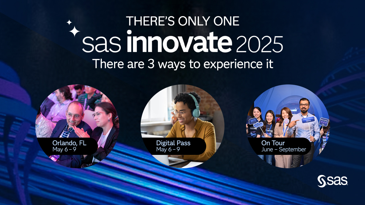 Your future with data and AI starts at #SASInnovate 2025---with 3 ways to participate: in-person in Orlando, via livestream or in an Innovate on Tour city near you!

Wherever you are, you don't want to miss @sassoftware's biggest event of the year 🎉 2.sas.com/6012LpYFQ