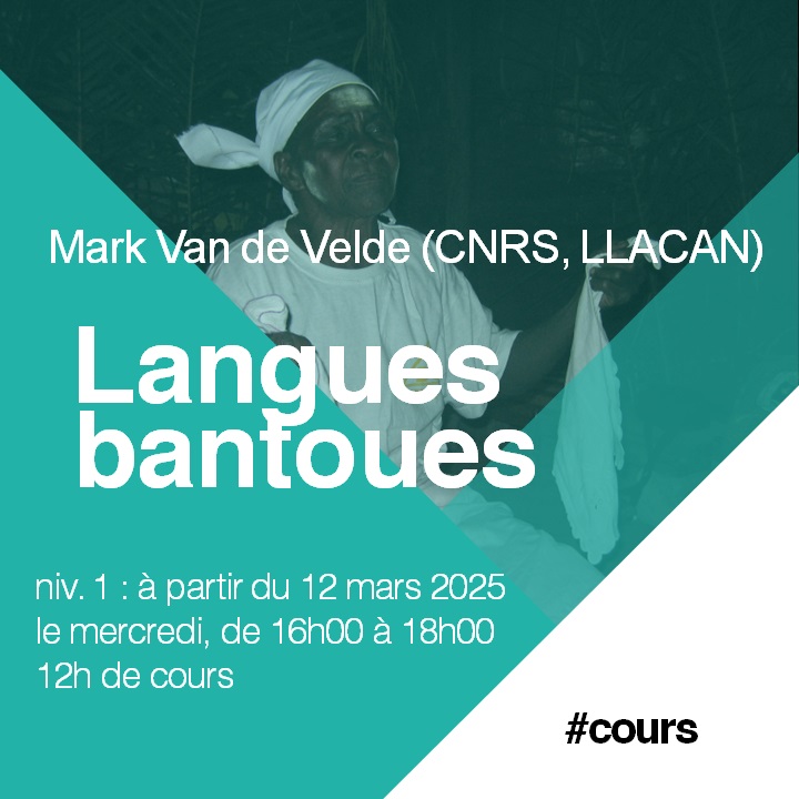 ✍️#cours gratuit de langues #bantoues, niv. 1 (12h)
💻#hybride

📜Mark Van de Velde (<a href="/CNRS/">CNRS 🌍</a>, LLACAN)
à partir du 12 mars
le mer., de 16h à 18h

• formulaire de pré-inscription : ilara.hypotheses.org/tarifs-et-insc…
• à ilara@ephe.psl.eu
• page « Bantou » : ilara.hypotheses.org/formations/cou…

<a href="/EPHE_PSL/">École Pratique des Hautes Études - PSL</a>