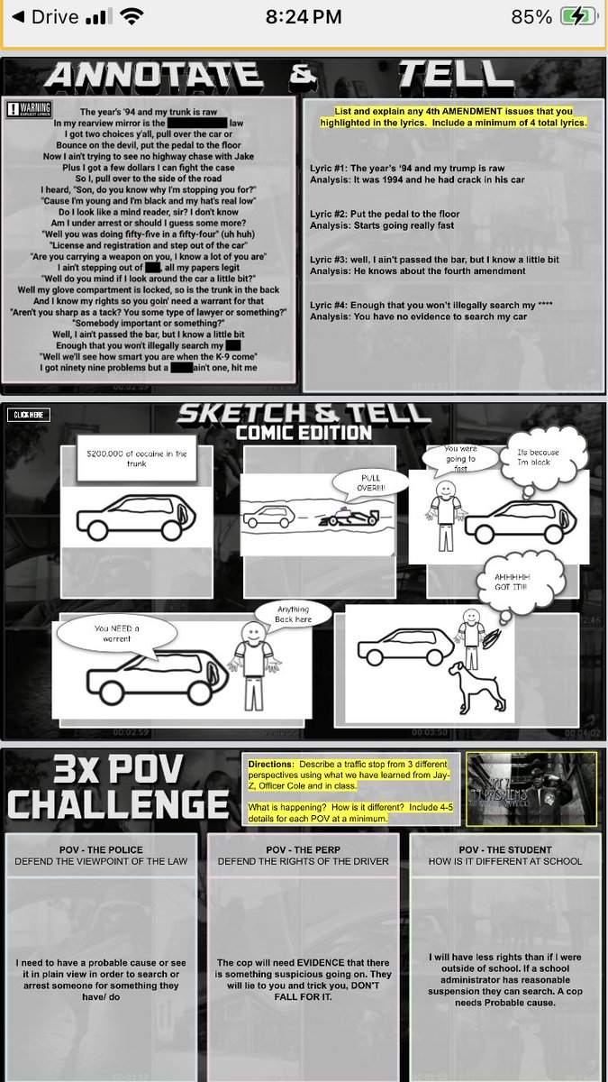 DHelmEDU's tweet image. Ss been working hard to unpack the 4th Amendment, both in class + real world! Wrapped up learning w/ Retell &amp;amp; Rhyme challenge to showcase knowledge! #eduprotocols @moler3031 @scottmpetri 
✅8 Part
✅Iron CER
✅2 and 3xPOV
✅ Annotate &amp;amp; Tell
✅Sketch &amp;amp; Tell Comic @JustinUnruh16