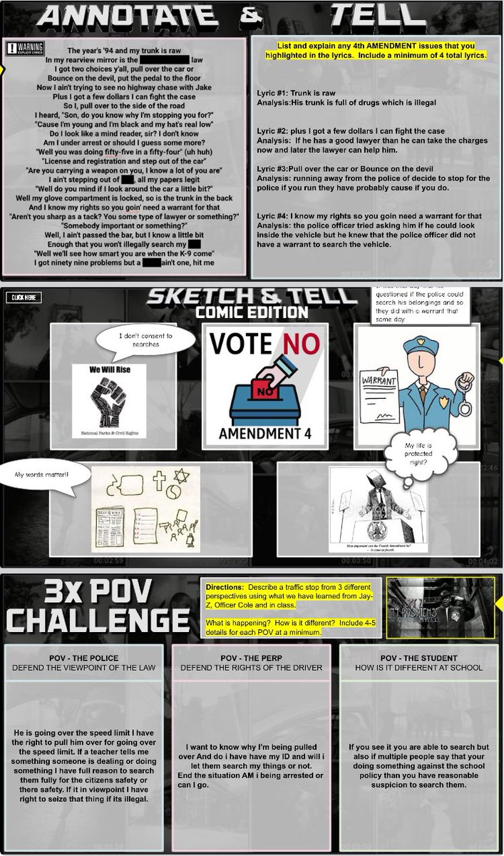 DHelmEDU's tweet image. Ss been working hard to unpack the 4th Amendment, both in class + real world! Wrapped up learning w/ Retell &amp;amp; Rhyme challenge to showcase knowledge! #eduprotocols @moler3031 @scottmpetri 
✅8 Part
✅Iron CER
✅2 and 3xPOV
✅ Annotate &amp;amp; Tell
✅Sketch &amp;amp; Tell Comic @JustinUnruh16