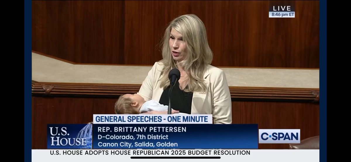 Grace Panetta (@grace_panetta) on Twitter photo .<a href="/RepPettersen/">U.S. Rep. Brittany Pettersen</a> speaking on the floor with her newborn son Sam after voting against the GOP budget resolution: “How can anyone show their face in their district after voting yes on this?” .<a href="/RepPettersen/">U.S. Rep. Brittany Pettersen</a> speaking on the floor with her newborn son Sam after voting against the GOP budget resolution: “How can anyone show their face in their district after voting yes on this?”