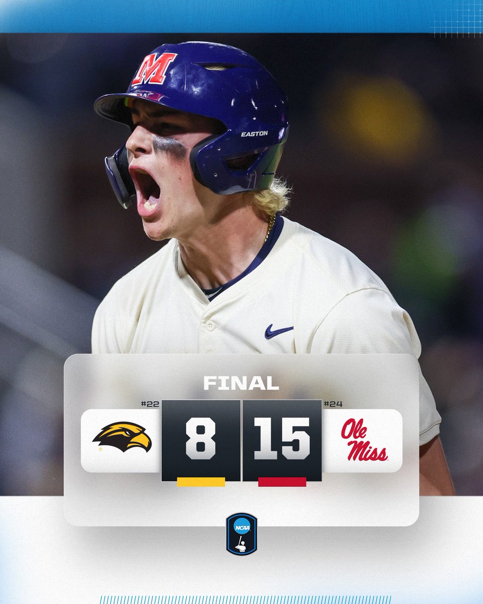 NCAABaseball's tweet image. BATTLE OF THE MISS’

@OleMissBSB takes down #22 Southern Miss!

#NCAABaseball