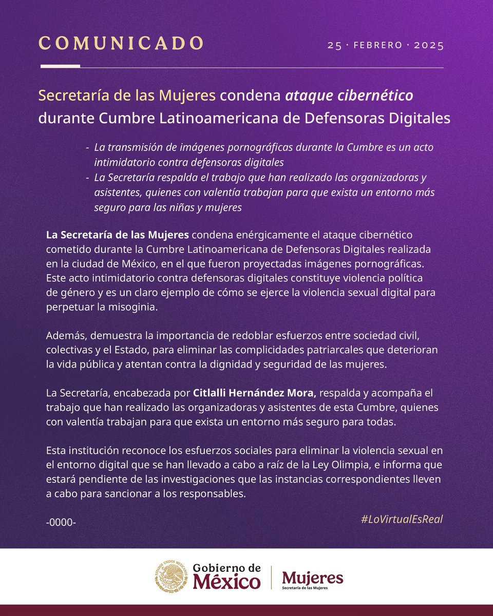 Comunicado de la Secretaría de las Mujeres respecto a los hechos ocurridos el día de hoy en la 1ra Cumbre Latinoamericana de Defensoras Digitales.

#LeyOlimpia #LoVirtualEsReal #DefensorasDigitales