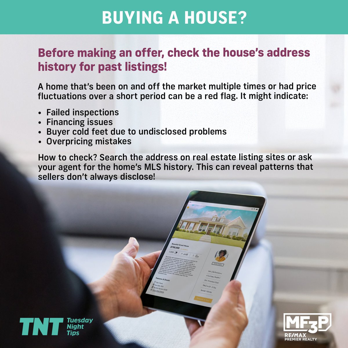 MF3P_Realtor's tweet photo. Tuesday Night Tips!

Buying a house?

Before making an offer, check the house’s address history for past listings!

A home that’s been on and off the market multiple times or had price fluctuations over a short period can be a red flag. It might indicate:
... https://t.co/4jLj6OG5p6