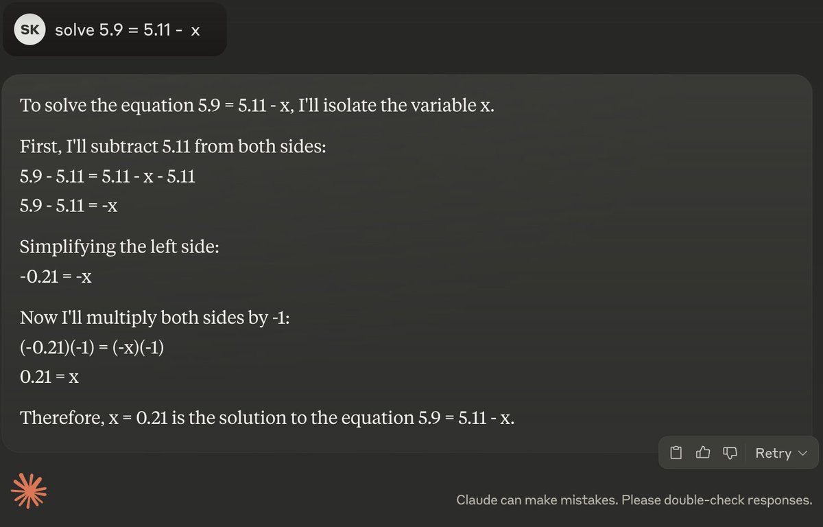 shreyshahi's tweet photo. What is going on why is every non reasoning model getting the same wrong answer to "solve 5.9 = 5.11 -  x" https://t.co/AzNdXAKOOT