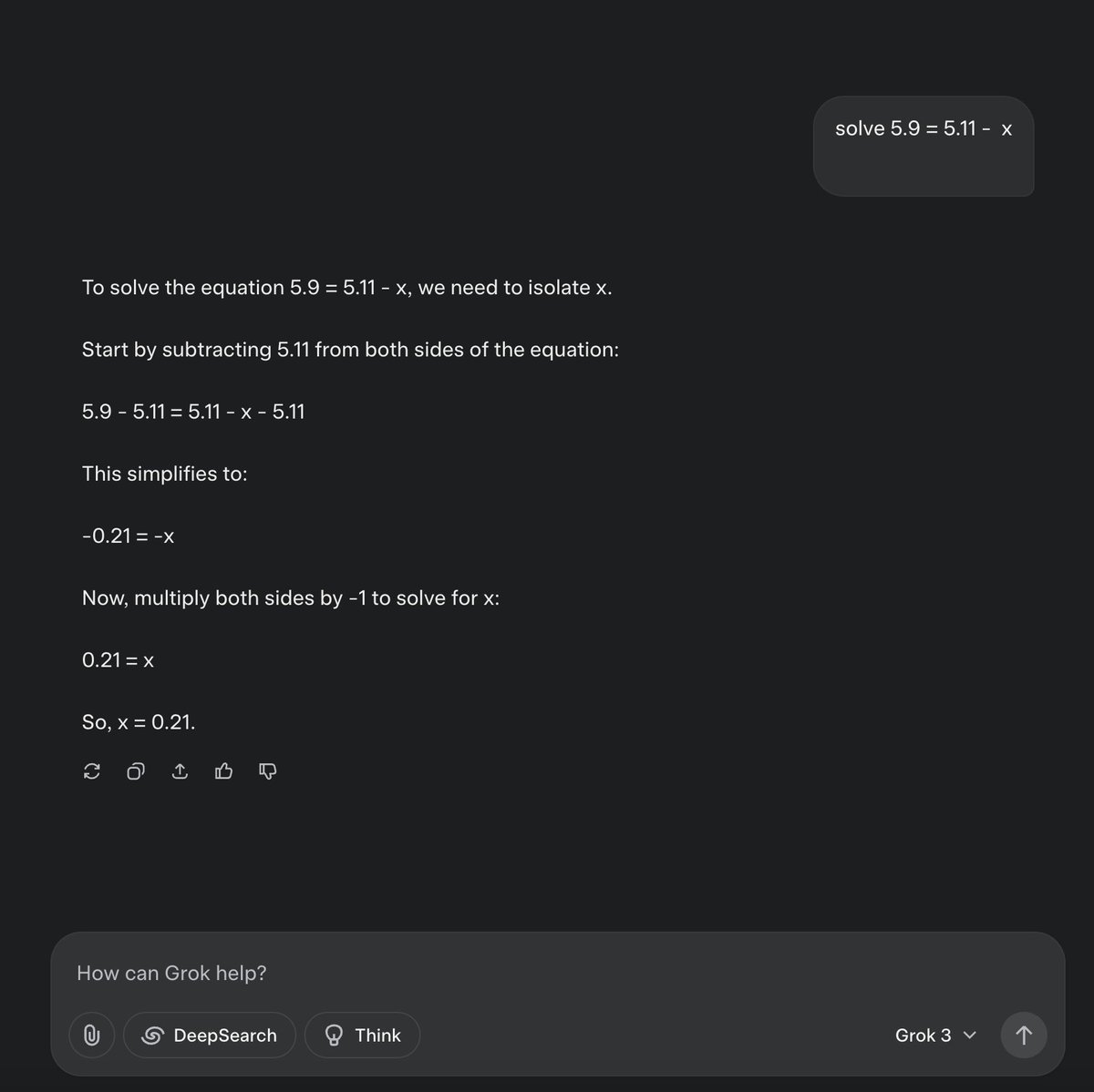 shreyshahi's tweet photo. What is going on why is every non reasoning model getting the same wrong answer to "solve 5.9 = 5.11 -  x" https://t.co/AzNdXAKOOT
