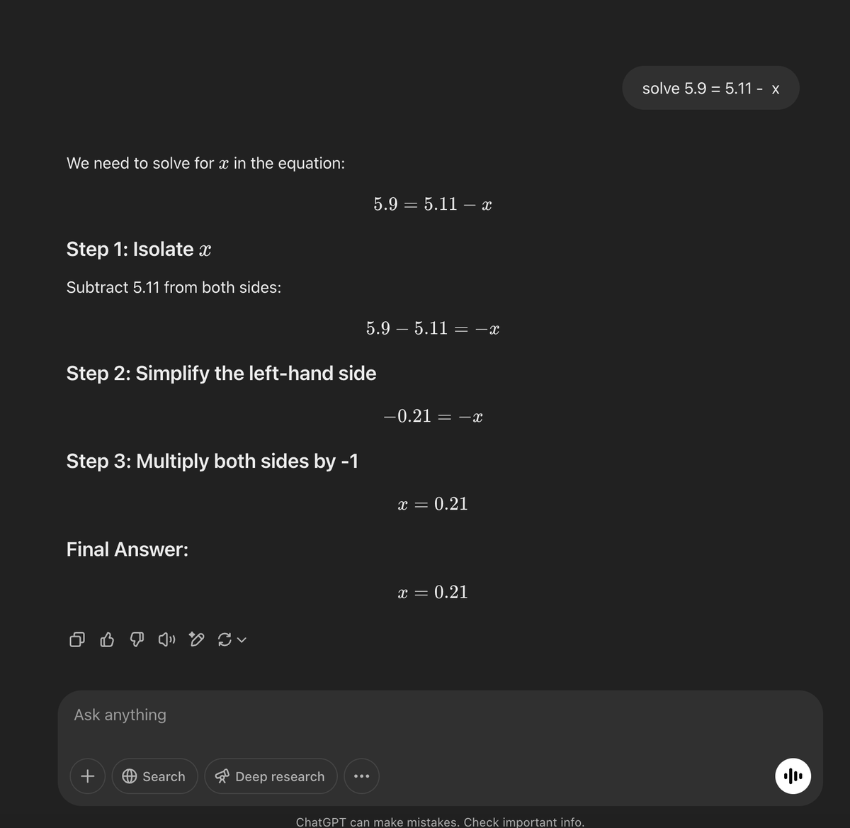 shreyshahi's tweet photo. What is going on why is every non reasoning model getting the same wrong answer to "solve 5.9 = 5.11 -  x" https://t.co/AzNdXAKOOT