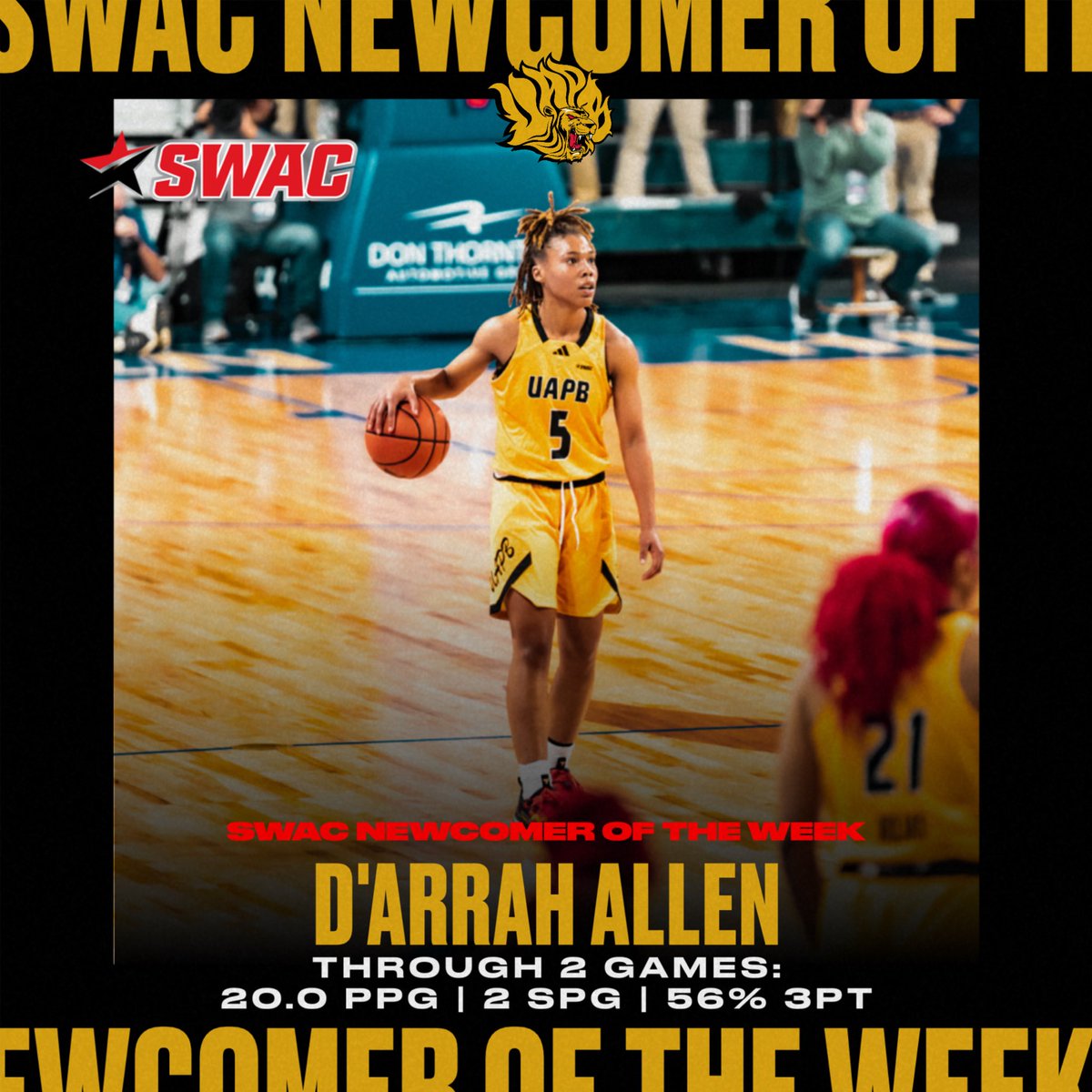 UAPBLionsWBB's tweet image. game so nice, had to do it πππππ π₯
For the second week in a row, D'Arrah Allen is this week's SWAC Newcomer of the Week! π¦π