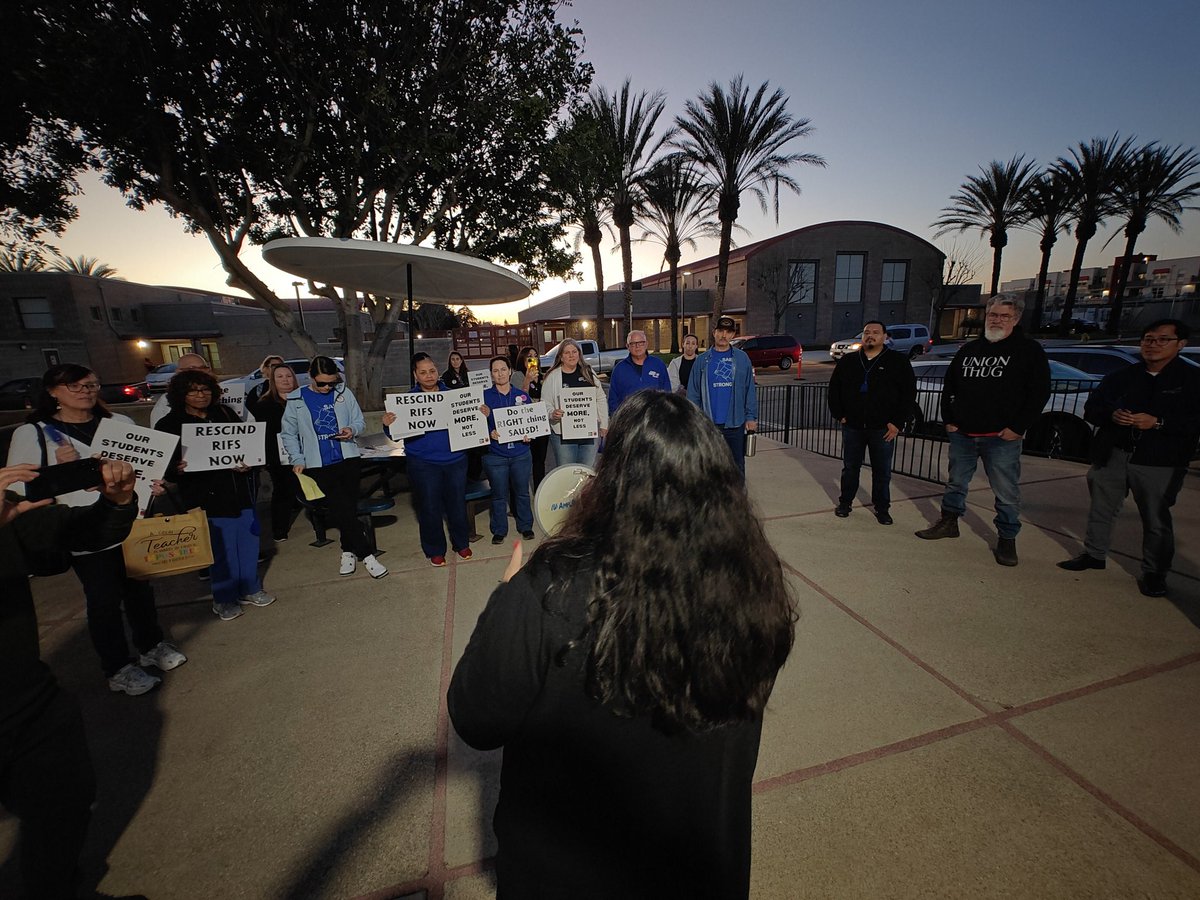 Tonight, we are joining our Santa Ana educators in asking Santa Ana Unified School District to rescind the over 220 layoffs targeting educators and counselors. The board has a duty to implement a comprehensive plan that balances the budget, protects our students, and educators.