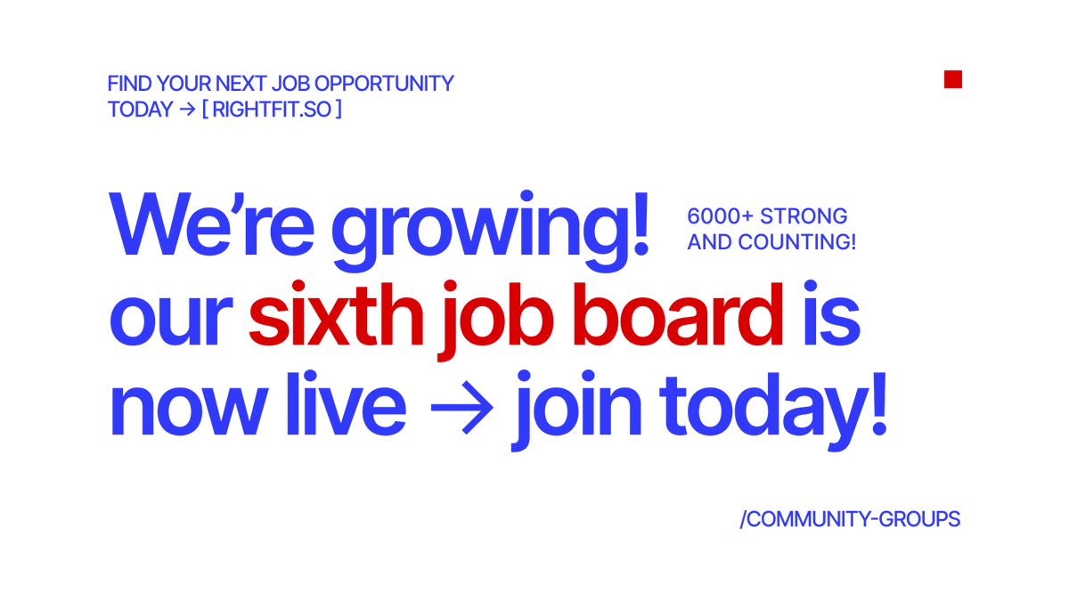 morning people,

<a href="/rightfitso/">Rightfit (We’re hiring)</a> job board has grown into a thriving community of 6000+ people! since all our other groups are full and many have been waiting to join, we’re opening up a new one 🎉

if you or someone in your network is looking for job opportunities, this is the place