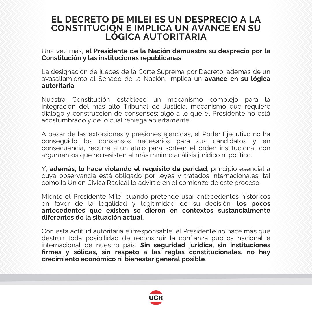 #Comunicado | El decreto de Milei es un desprecio a la Constitución e implica un avance en su lógica autoritaria.