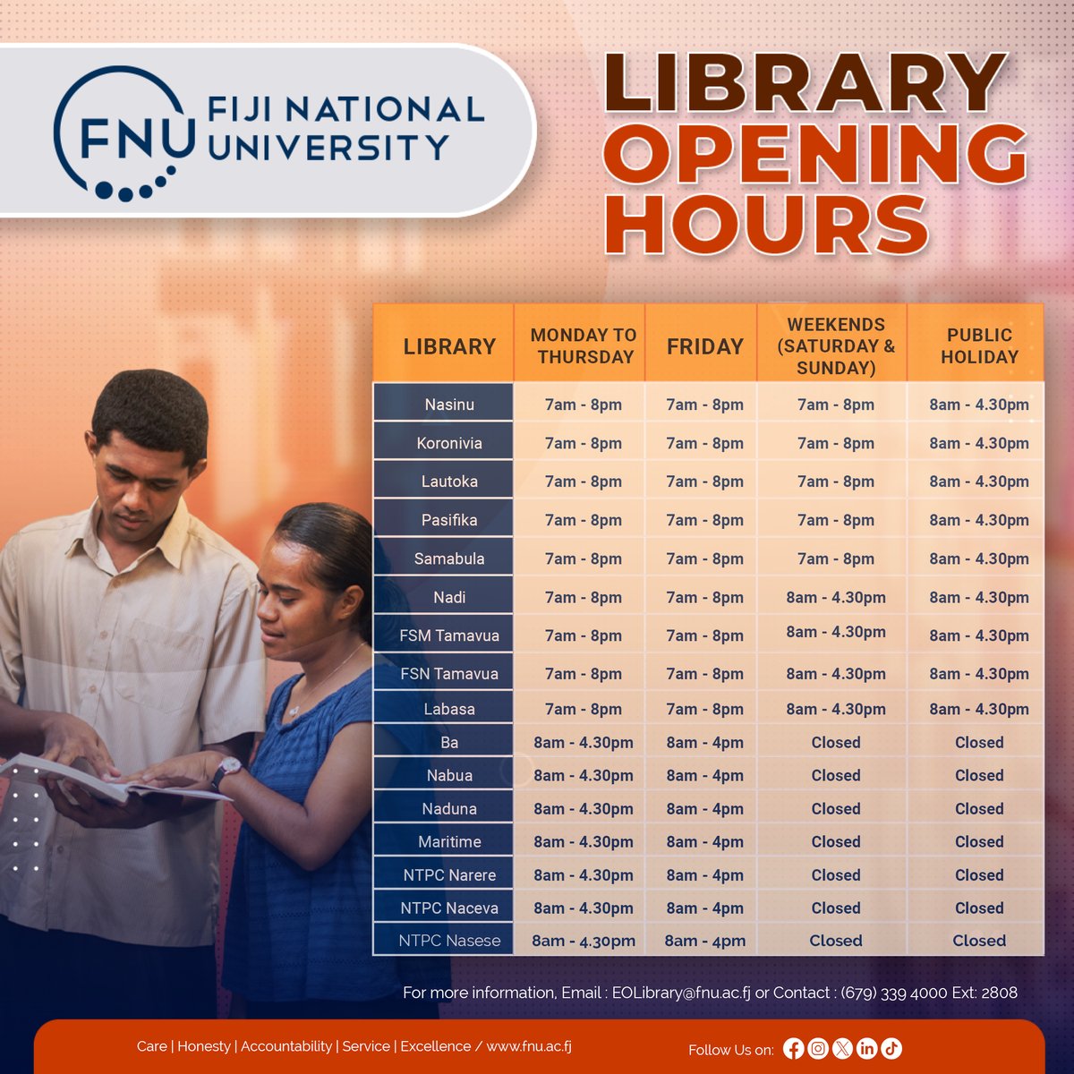 Fiji National University (@fnufiji) on Twitter photo ๐ท๐๐ญ๐ญ๐๐ง๐ญ๐ข๐จ๐ง ๐ฌ๐ญ๐ฎ๐๐๐ง๐ญ๐ฌ ๐๐ง๐ ๐๐๐๐ฎ๐ฅ๐ญ๐ฒ! ๐๐ก๐ ๐
๐๐ ๐๐ข๐๐ซ๐๐ซ๐ฒ ๐ก๐๐ฌ ๐๐ฌ๐ญ๐๐๐ฅ๐ข๐ฌ๐ก๐๐ ๐ข๐ญ๐ฌ ๐จ๐ฉ๐๐ง๐ข๐ง๐ ๐ก๐จ๐ฎ๐ซ๐ฌ ๐๐๐ซ๐จ๐ฌ๐ฌ ๐๐ฅ๐ฅ ๐๐๐ฆ๐ฉ๐ฎ๐ฌ๐๐ฌ.
We encourage you to take advantage of our extensive resources and study spaces. #TeamFNU ๐ท๐๐ญ๐ญ๐๐ง๐ญ๐ข๐จ๐ง ๐ฌ๐ญ๐ฎ๐๐๐ง๐ญ๐ฌ ๐๐ง๐ ๐๐๐๐ฎ๐ฅ๐ญ๐ฒ! ๐๐ก๐ ๐
๐๐ ๐๐ข๐๐ซ๐๐ซ๐ฒ ๐ก๐๐ฌ ๐๐ฌ๐ญ๐๐๐ฅ๐ข๐ฌ๐ก๐๐ ๐ข๐ญ๐ฌ ๐จ๐ฉ๐๐ง๐ข๐ง๐ ๐ก๐จ๐ฎ๐ซ๐ฌ ๐๐๐ซ๐จ๐ฌ๐ฌ ๐๐ฅ๐ฅ ๐๐๐ฆ๐ฉ๐ฎ๐ฌ๐๐ฌ.
We encourage you to take advantage of our extensive resources and study spaces. #TeamFNU