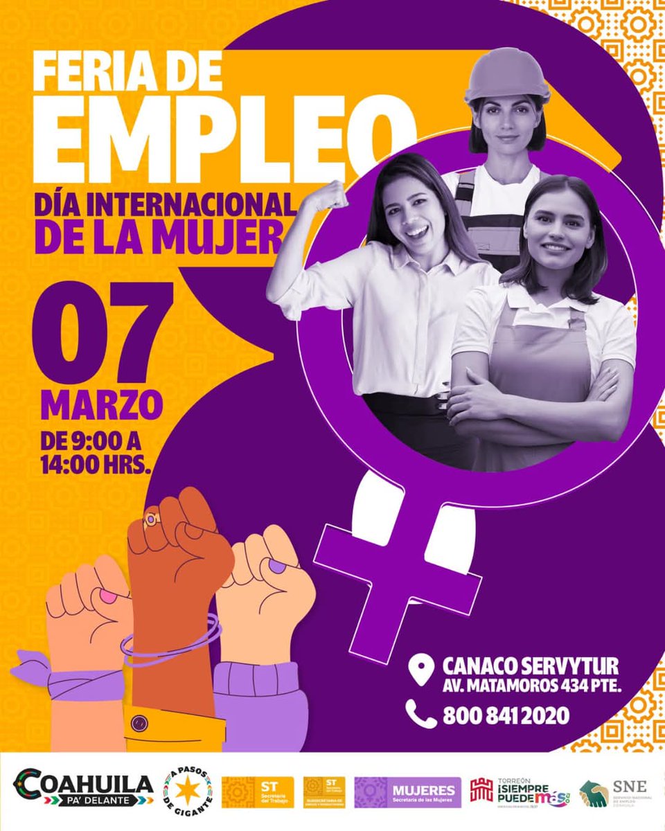 sneregionlaguna's tweet image. ¿Buscas empleo?
#FeriaDeEmpleo #Mujeres #Torreón

✅Más de 500 vacantes 
📆 Viernes 7 de marzo
⏰ 9:00 a 14:00 hrs. 
📌 CANACO SERVITUR

👉 Regístrate en ferias.empleo.gob.mx 

¡Te esperamos! 
#CoahuilaPaDelante #APasosDeGigante
Gobierno del Estado De Coahuila