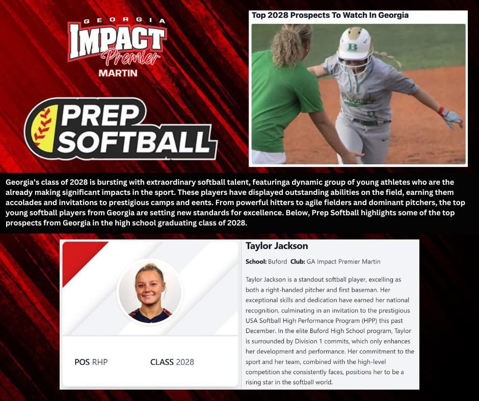 Congratulations to "Biggie" - Taylor Jackson for being recognized in the Prep Softball Top 2028 Prospects to Watch in Georgia! Way to #makeanimpact!