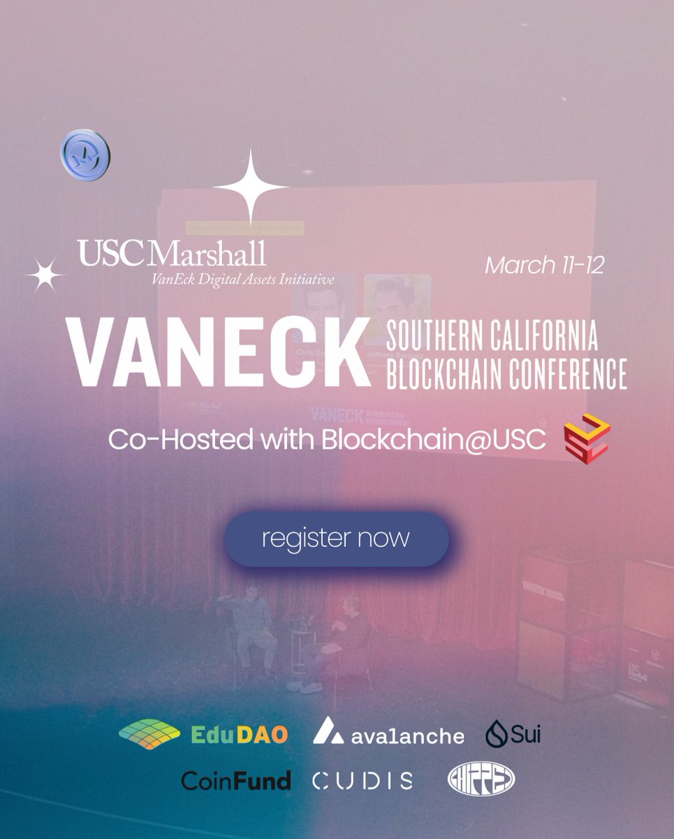 USC Blockchain Conference is happening on March 11-12!! Completely free to attend. We've got an exciting lineup of speakers from Coinbase, Ava Labs, Gunzilla (Creators of Off the Grid), and Sui discussing key topics like gaming, blockchain policy, consumer applications,