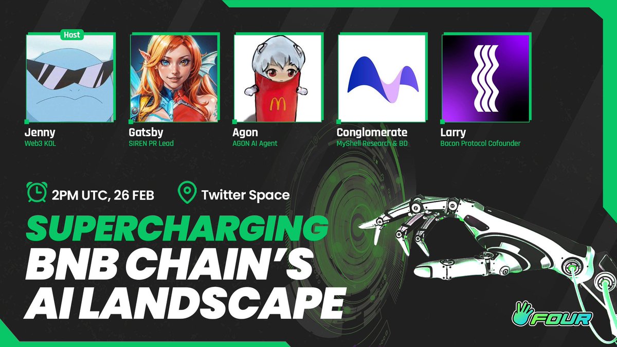 Four.Meme (@four_meme_) on Twitter photo 🚀 Supercharging BNB Chain’s AI Landscape!
Join us for a power-packed Twitter Space as we dive deep into AI innovations, decentralized intelligence, and the future of Web3 AI projects.
🎤 Hosted by:
👤 Jenny - <a href="/Crypto_Blueboy/">币链杰尼 | Jenny Crypto</a>
🔥 Featuring expert guests:
🛠 Gatsby - PR Lead at 🚀 Supercharging BNB Chain’s AI Landscape!
Join us for a power-packed Twitter Space as we dive deep into AI innovations, decentralized intelligence, and the future of Web3 AI projects.
🎤 Hosted by:
👤 Jenny - <a href="/Crypto_Blueboy/">币链杰尼 | Jenny Crypto</a>
🔥 Featuring expert guests:
🛠 Gatsby - PR Lead at
