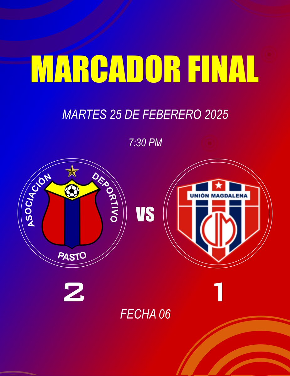 Marcador Final 
Deportivo Pasto 2 vs 1 Unión Magdalena 
Martes 25 de Febrero de 2025. 
Hora: 7:30 pm.
#UnionMagdalena
#DeportivoPasto
#VamosPasto 
#PastoCiudadSorpresa
#Pasto
#PastoNariño
#NariñoColombia
#Nariño
#Colombia