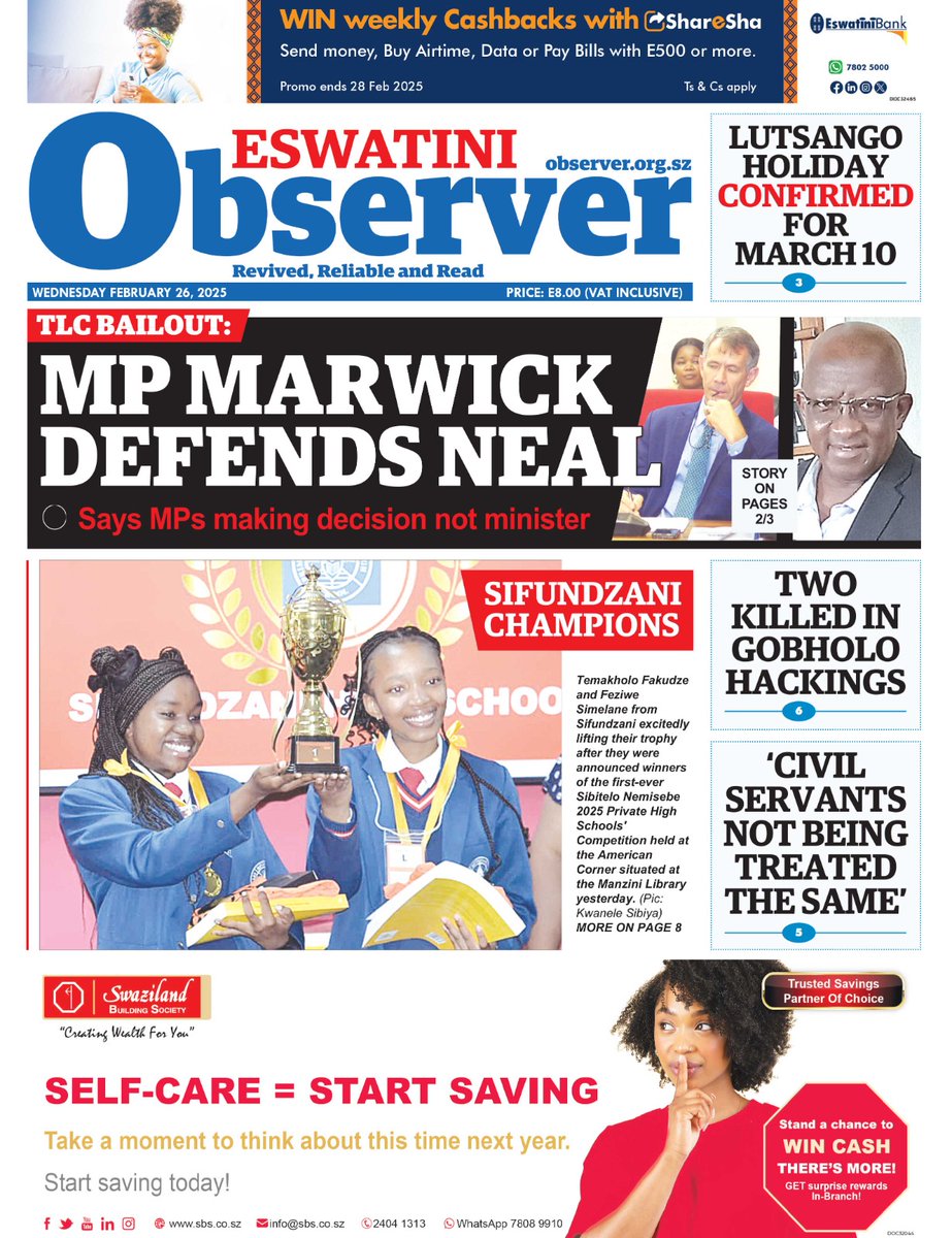 💰Lobamba Lomdzala MP and Chairperson of the Ministry of Finance Portfolio Committee, Marwick Khumalo, has defended the Finance Minister, stating that it was Parliamentarians who approved the E30 million subvention allocated to TLC.