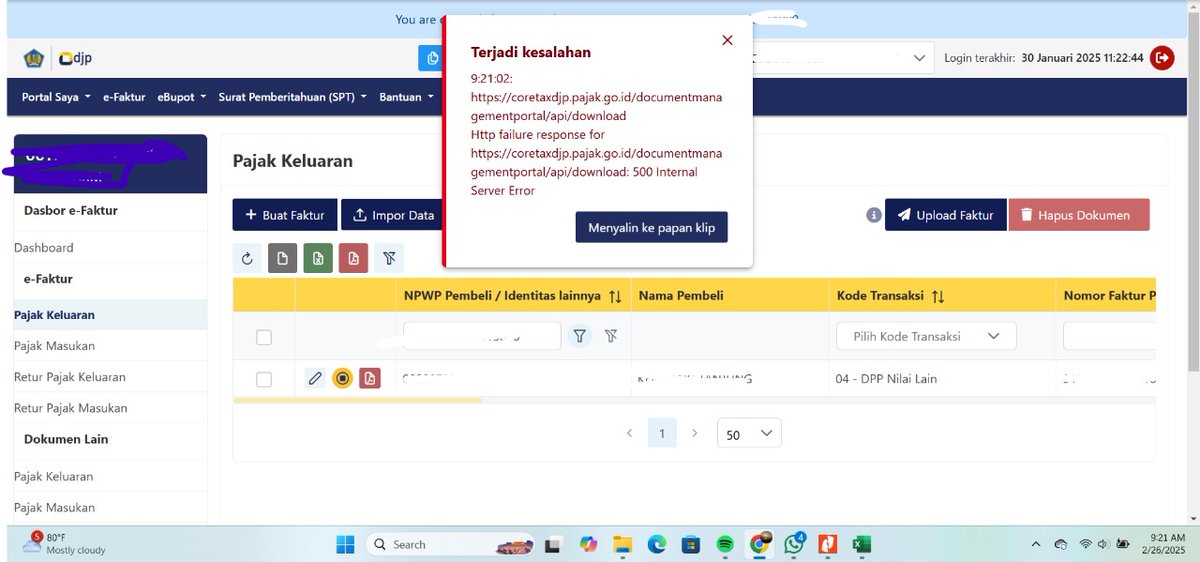 SenaaHoran_'s tweet photo. @kring_pajak Ini juga saya gabisa download pdf Faktur pajak Keluaran dan muncul notif ini, ada beberapa fp yg seperti ini. Kenapa ya min dan solusinya gimana? https://t.co/ml1ueTsxXb