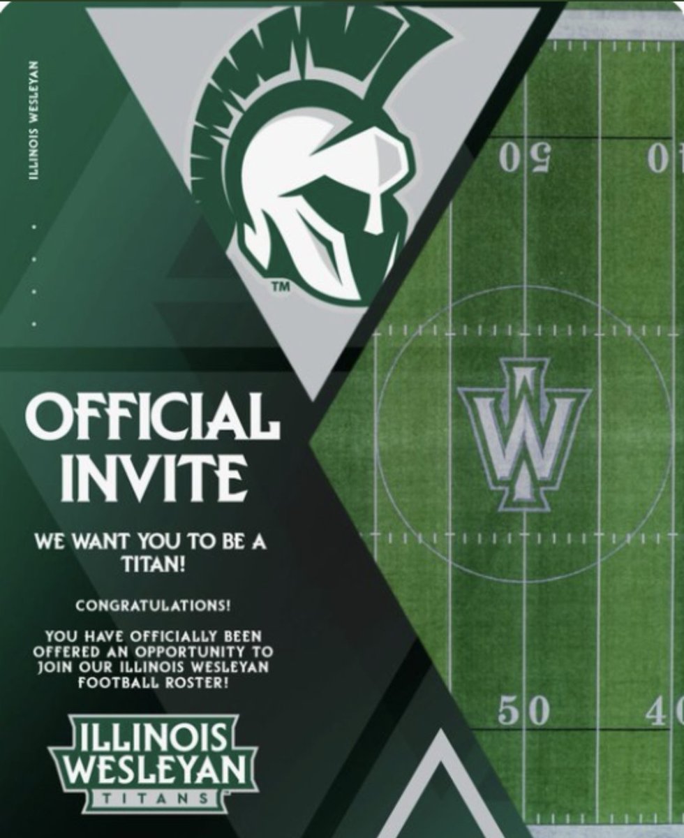 After a great talk with Coach Murray 
I am truly grateful to receive an offer to play football at Illinois Wesleyan University. 
Thank you so much to <a href="/CoachMurray_IWU/">Mike Murray</a> 
<a href="/CoachLlamas_3/">Coach Llamas</a> and the staff for believing me. Go Titans!