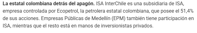 rodrigo_prena's tweet photo. Los estatistas hacen TODO MAL.
La empresa que dejó #SinLuz a Chile es una empresa ESTATAL colombiana.
Esta situación es similar a la que ocurrió hace algún tiempo con ENEL donde había responsabilidad de una empresa estatal, pero en ese caso de Italia.
Se debe sacar a TODAS estas empresas estatales que solo han dañado al país, promover participación privada en el sector, e impulsar los numerosos proyectos de infraestructura eléctrica que han sido saboteados los últimos años por organizaciones ambientalistas.