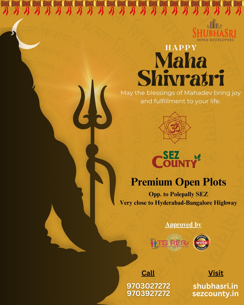 ShubhaSriInfra's tweet photo. Om Namah Shivaya..!
We wish you a pleased, peaceful, and devotional Maha Shivaratri..!
#SEZCounty #ShubhaSriInfraDevelopers #PollepallySEZ #DivitipallyITPark #HyderabadBangaloreHighway #NH44 #nationalhighway44 #Shadnagar #Shamshabad #OpenPlots #TSRERA #MUDA #RealEstate https://t.co/VqP5dmCXyv
