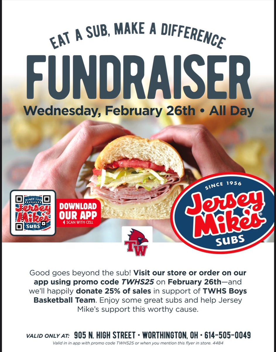 Strappa1's tweet image. Help support the @TWHSBasketball team by ordering from Jersey Mike’s Wednesday, February 26th, all day. Order online and skip the line by using the code on the flyer. Thanks for your support! #itsworthit #gocards