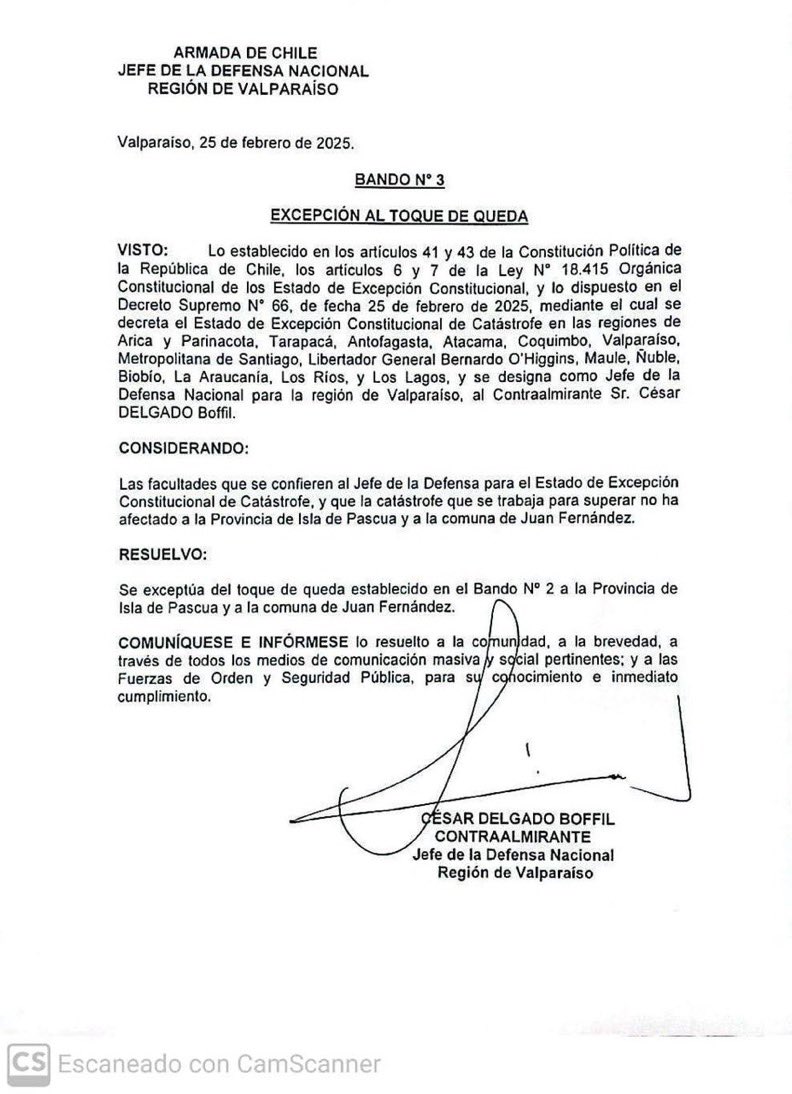 PatricioGaticaM's tweet photo. La Armada de Chile, dio a conocer a través del Bando N° 3 que exceptúa del toque de queda decretado por el #gobierno a la Provincia de Isla de Pascua y a la comuna de Juan Fernández. ##ToqueDeQueda @Armada_Chile #estadodeexcepcion https://t.co/OgVd6WHeum
