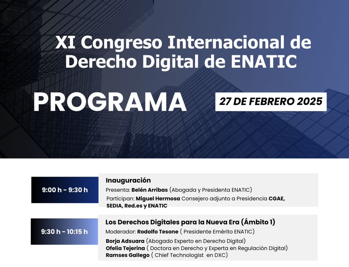Borja Adsuara Varela ⚖️ (@adsuara) on Twitter photo El próximo jueves, de 9:30 a 10:15 hs, participaré en la Mesa Redonda: "Los Derechos Digitales para la Nueva Era", junto con <a href="/OfeTG/">Ofelia Tejerina</a> y Ramsés Gallego <a href="/DXCspain/">DXC España</a>, moderados por <a href="/RodolfoTesone/">Rodolfo Tesone</a>, en el XI Congreso Internacional de #DerechoDigital de <a href="/ENATIC1/">ENATIC</a> ⬇️
eventbrite.es/e/xi-congreso-… El próximo jueves, de 9:30 a 10:15 hs, participaré en la Mesa Redonda: "Los Derechos Digitales para la Nueva Era", junto con <a href="/OfeTG/">Ofelia Tejerina</a> y Ramsés Gallego <a href="/DXCspain/">DXC España</a>, moderados por <a href="/RodolfoTesone/">Rodolfo Tesone</a>, en el XI Congreso Internacional de #DerechoDigital de <a href="/ENATIC1/">ENATIC</a> ⬇️
eventbrite.es/e/xi-congreso-…