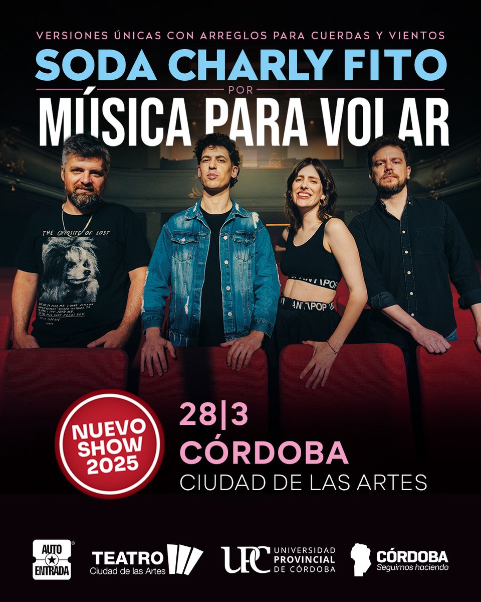 La banda tributo del rock nacional vuelve a Córdoba. 🙌🏽

Música para volar presentará su nuevo repertorio con arreglos originales para cuerdas y vientos de obras de Soda Stereo, Charly García, Fito Páez y la carrera solista de Gustavo Cerati. 🎵

🎟 Entradas $27500