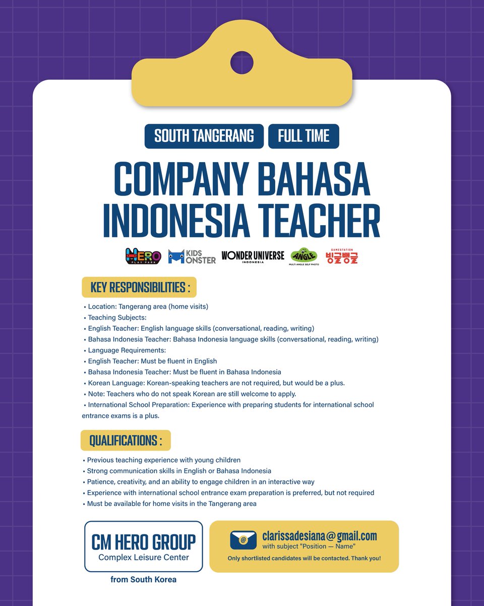 PT GCM Hero Indonesia is looking for talented professionals to join our team!
Open Positions: Accountant 3D Max CAD Specialist Company Bahasa Indonesia Teacher If you're passionate, skilled, and ready to grow with us, apply now! Send your CV to clarissadesiana@gmail.com #Hiring