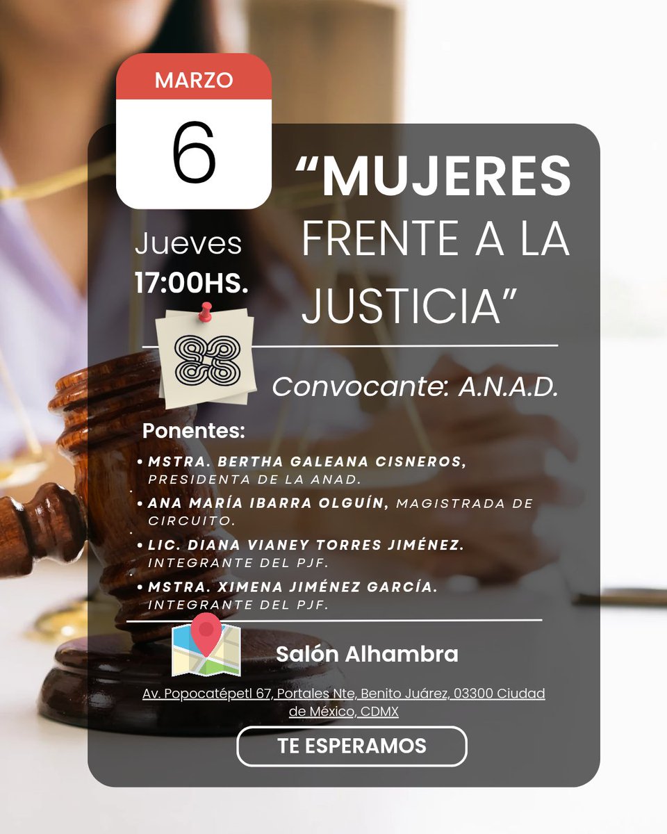 Via_to_'s tweet photo. ✨️ MUJERES FRENTE A LA JUSTICIA✨️

📢 ¡Te invitamos a una conferencia imperdible! 💜 En el marco del Día Internacional de la Mujer, reflexionaremos sobre los retos y avances en el acceso y ejercicio de la justicia para las mujeres.

📅 Fecha: Jueves 7 de marzo de 2025
🕔 Hora: 17:00 h
📍 Modalidad: Presencial
 🎤 Panelistas de lujo:
💜Bertha Galeana Cisneros – Presidenta de la ANAD
💜 Ana María Ibarra Olguín – Magistrada de Circuito
💜Diana Vianey Torres Jiménez y 
💜 Ximena Jiménez García; miembros del PJF

💬 Hablaremos sobre:
👩‍⚖️ Mujeres en el sistema de justicia: retos y oportunidades
⚖️ Equidad de género en la impartición de justicia
📌 Medidas para fortalecer la participación de las mujeres en el ámbito jurídico

 #MujeresFrenteALaJusticia #DíaDeLaMujer 💜 #MujeresEnElDerecho ⚖️ #JusticiaParaTodas #IgualdadDeGénero 🌍 #WomenInLaw #8M #FeminismoJurídico #EmpoderamientoFemenino #LiderazgoFemenino #MujeresQueInspiran #LegalWomen #MujeresAbogadas #EquidadEnElDerechoy #mexico