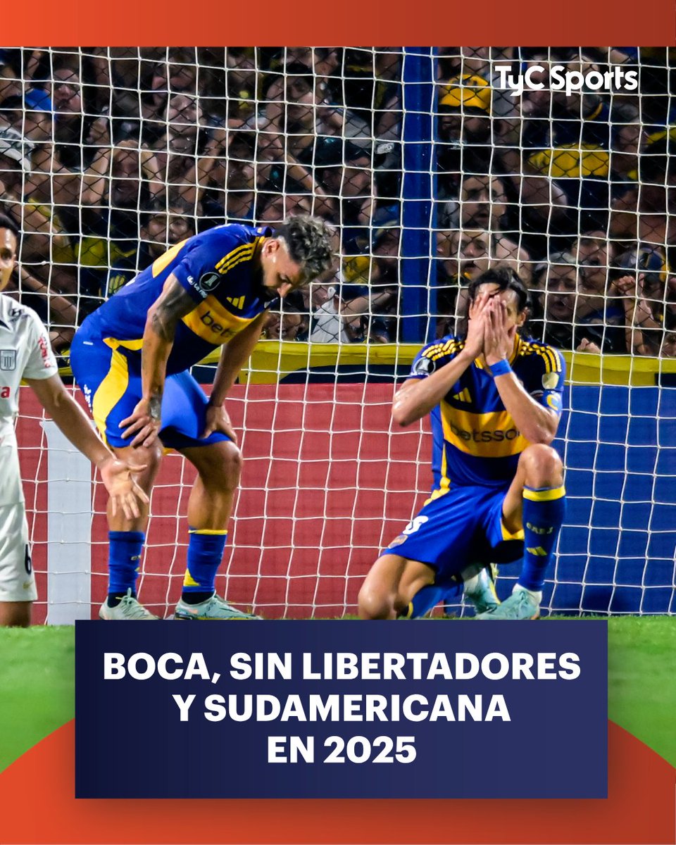 TyCSports's tweet photo. BOCA, AFUERA DE LA LIBERTADORES Y LA SUDAMERICANA EN 2025

Tras quedar eliminado ante #AlianzaLima en la fase 2 del máximo certamen del continente, el Xeneize también se quedó sin chances de pelear por un lugar en la Copa Sudamericana. La única competencia internacional que disputará será el Mundial de Clubes.