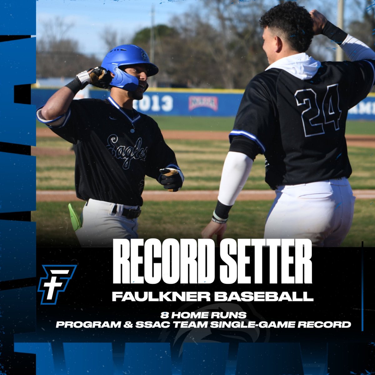 FaulknerATHL's tweet photo. 💣 💣 💣 💣 💣 💣 💣 💣

Eight home runs as a team lift Faulkner past Bryan in midweek action and sets a new SSAC record for single-game team homers

Eduarny Martinez homers on his first three ABs to tie a program and conference record for single-game home runs! https://t.co/F2OOfGYvMV