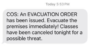 Liz González (@lizkmph) on Twitter photo HAPPENING NOW: Classes canceled tonight at <a href="/COSGiant/">CollegeoftheSequoias</a> Visalia as campus police, possible threat. The campus has been evacuated. This text message went out campus-wide just before 6 p.m. HAPPENING NOW: Classes canceled tonight at <a href="/COSGiant/">CollegeoftheSequoias</a> Visalia as campus police, possible threat. The campus has been evacuated. This text message went out campus-wide just before 6 p.m.