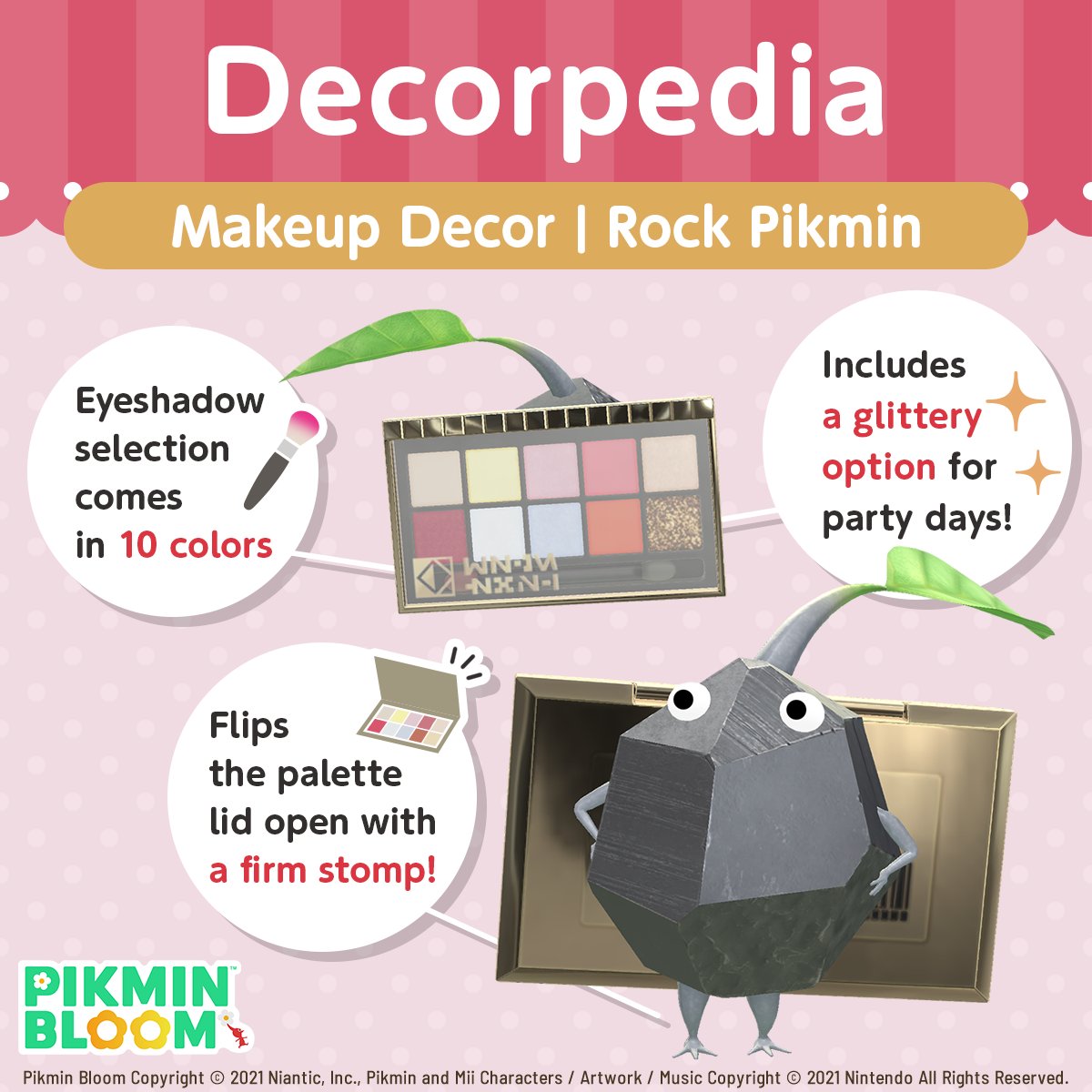 PikminBloom's tweet photo. #Decorpedia 📖✨
Makeup Decor | Rock Pikmin

As the Pikmin stomps, the eyeshadow palette flips open for us to admire the color selection 💄✨

Seedlings for Makeup Decor Pikmin can be found  in the vicinity of Makeup Stores 🎶 https://t.co/UNPTb9xn83