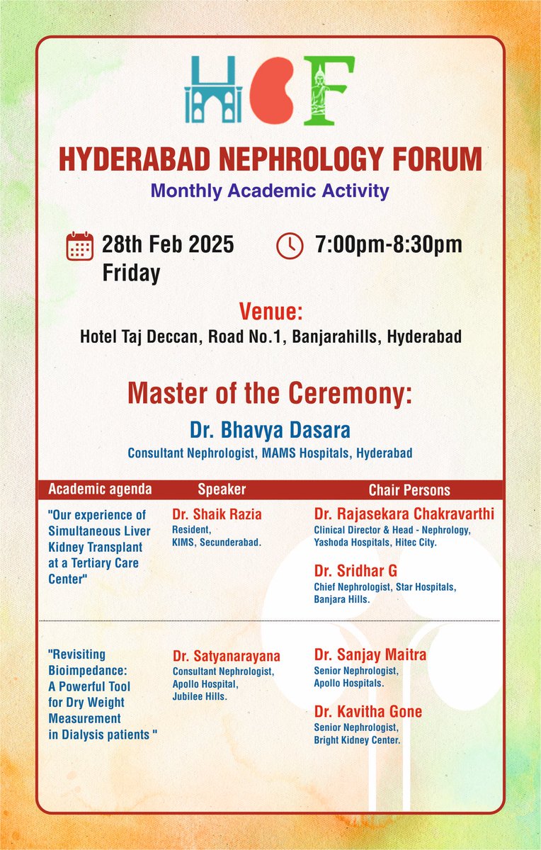 💎⚡️ Hyderabad Nephrology Forum’s activity for the month of February 2025 features state of the art topics
⚡️⚡️ Hyderabad Nephrology Forum = High quality academics &amp; Best of its kind networking 

<a href="/kiranmai_ismal/">Kiranmai Ismal</a> <a href="/SwarnalathaGud2/">Swarnalatha Guditi</a> <a href="/DrPSVali/">Dr P S Vali</a> <a href="/drmanishasahay/">Dr Prof Manisha Sahay</a> <a href="/drmanishasahay/">Dr Prof Manisha Sahay</a>