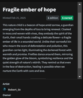 Roberto_0z's tweet image. 🌱 From Sorrow to Hope 🌱

The silent guardians of nature still stand—one mourning the Earth’s wounds, the other carrying a spark of renewal. Amidst destruction, life finds a way. Will we listen? Will we heal? 🌿✨

#NatureGuardians #HopeForEarth #EnvironmentalArt
Tezos 👇