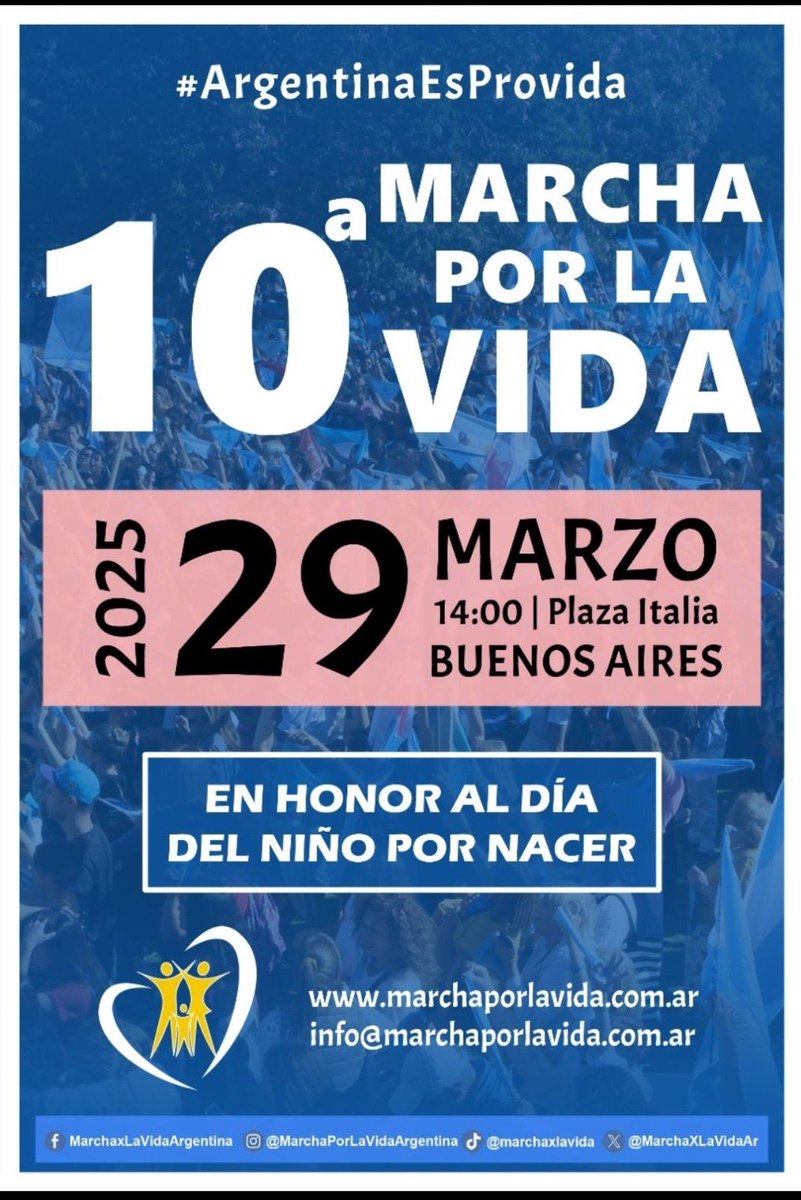 [¡VAMOS POR LA 10ª MARCHA POR LA VIDA Argentina 🇦🇷!]
No bajamos los brazos,no nos rendimos, seguimos trabajando por la vida de los niños por nacer, por sus madres,por la familia y para que ninguna ideología o negocio presione por la muerte o el adoctrinamiento.
¡NO TE LO PIERDAS!