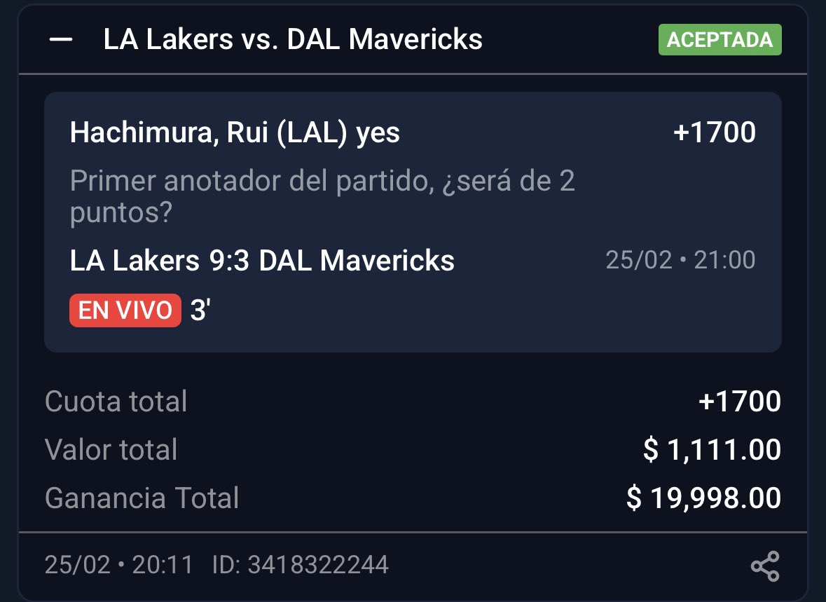 #LakeShow 

Rui Hachimura anota primero +1700 💰

Lo que acabamos de cobrar en el grupo premium una vez mas otro momio brutal. Ya no es normal wow.

Voy a regalar 3333$ entre los ♥️🔁 comentarios, primeros 200 que no tengan bank